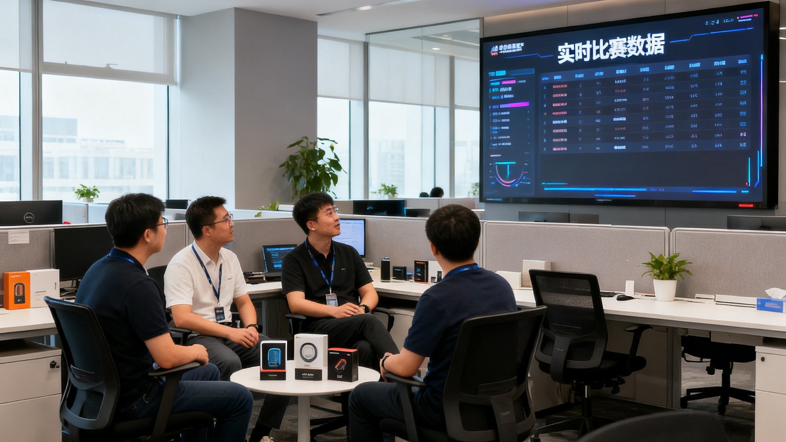 JRS直播北京总部办公室，开放式工位，大屏幕显示实时比赛数据，团队成员正在讨论产品